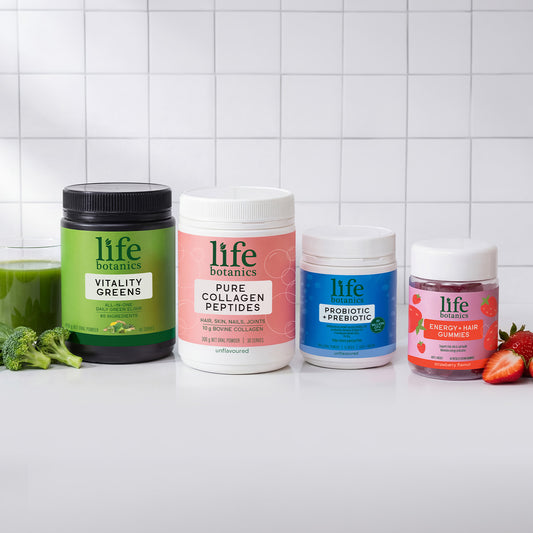 Life Botanics Essentials Kit — Pure Collagen Peptides, Vitality Greens, Energy + Hair Gummies and Probiotic + Prebiotic bundle on a cream background