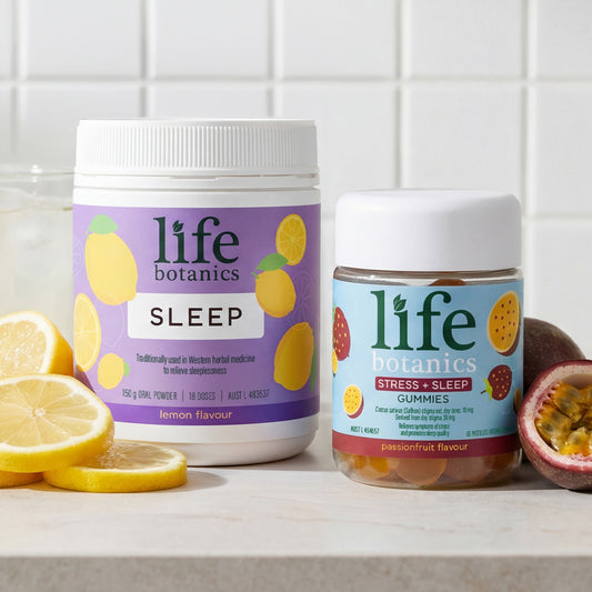 Life Botanics Good Sleep Kit — Stress + Sleep Gummies and Sleep Powder bundle on a cream background