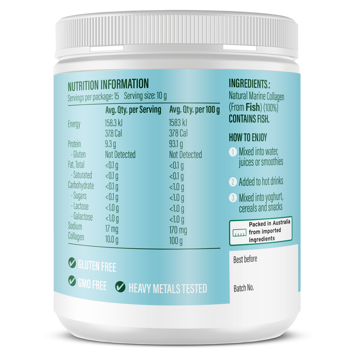 Life Botanics Pure Marine Collagen Peptides 150g — right side panel / back label