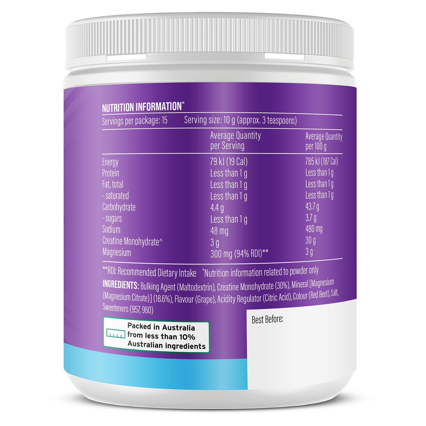 Nutrition information label on MAGNESIUM CREATINE container with a white background