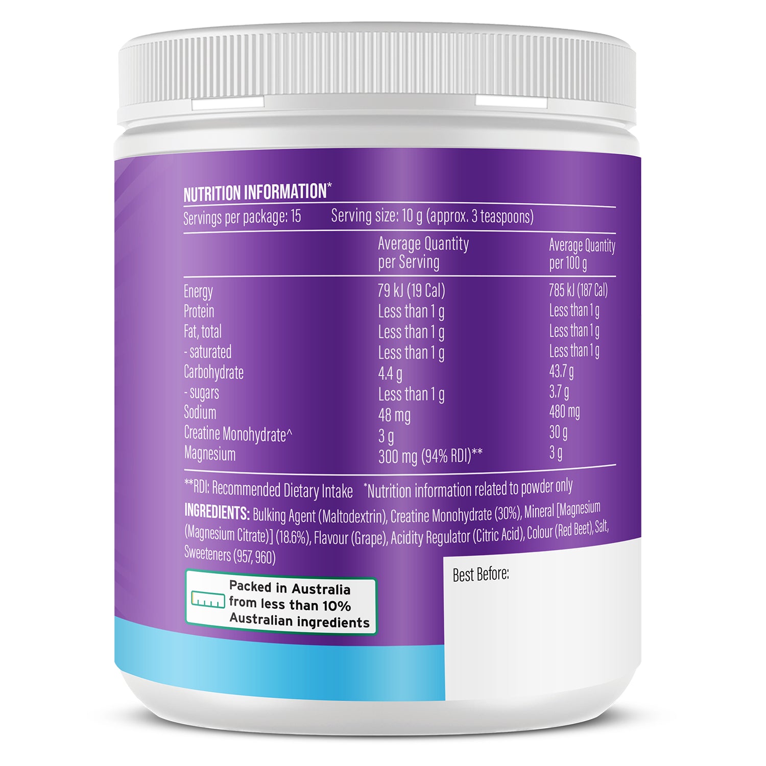 Nutrition information label on MAGNESIUM CREATINE container with a white background