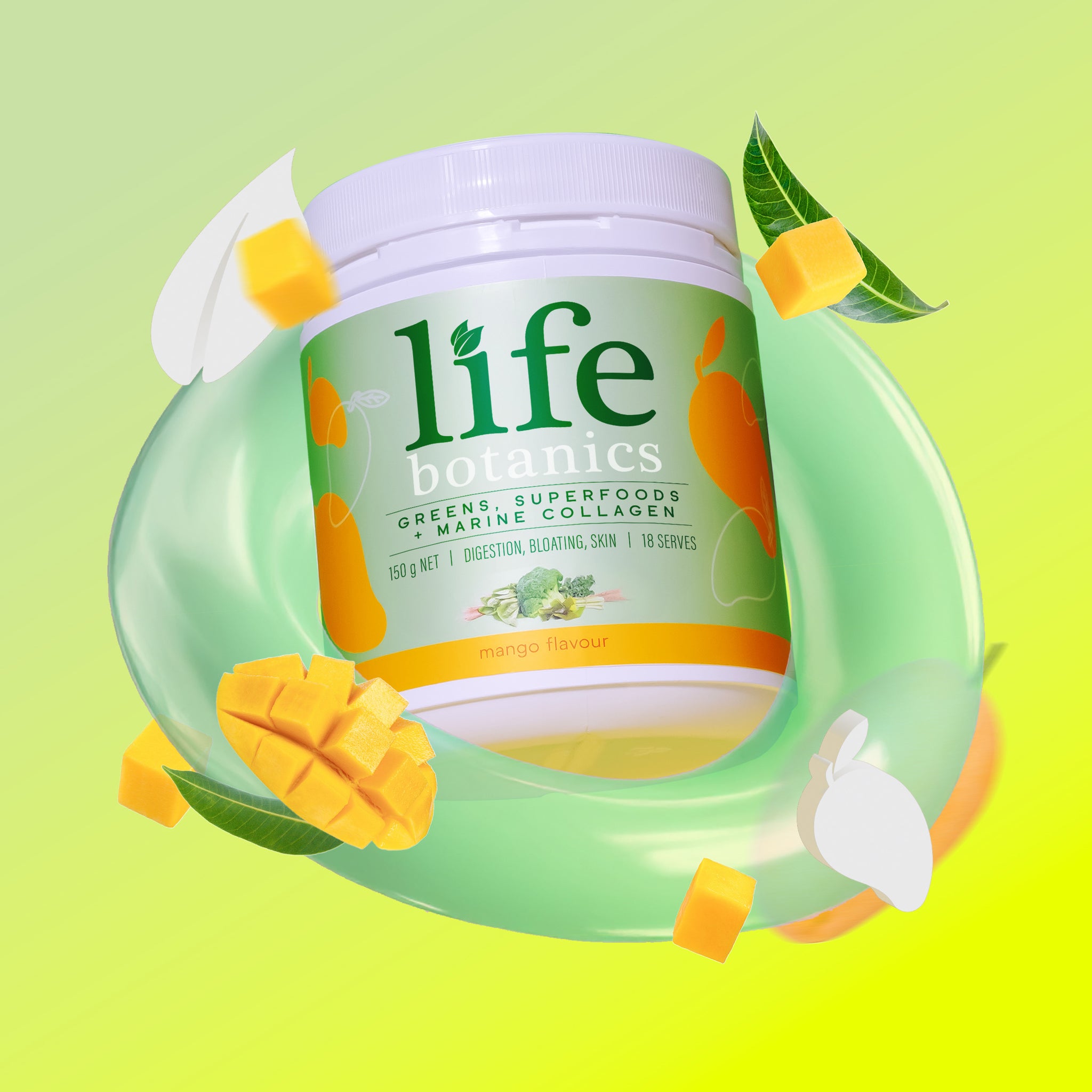 Life Botanics Greens, Superfoods + Marine Collagen Mango Flavour 150g