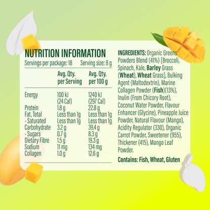 Life Botanics Greens, Superfoods + Marine Collagen Mango Flavour 150g
