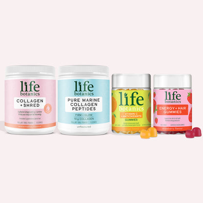 Life Botanics Best of Collagen & Beauty Kit — Collagen + Shred, Pure Marine Collagen, Energy + Hair Gummies and Vitamin C Gummies bundle on a cream background
