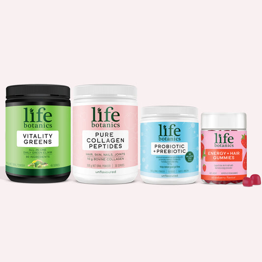 Life Botanics Essentials Kit — Pure Collagen Peptides, Vitality Greens, Energy + Hair Gummies and Probiotic + Prebiotic bundle on a cream background