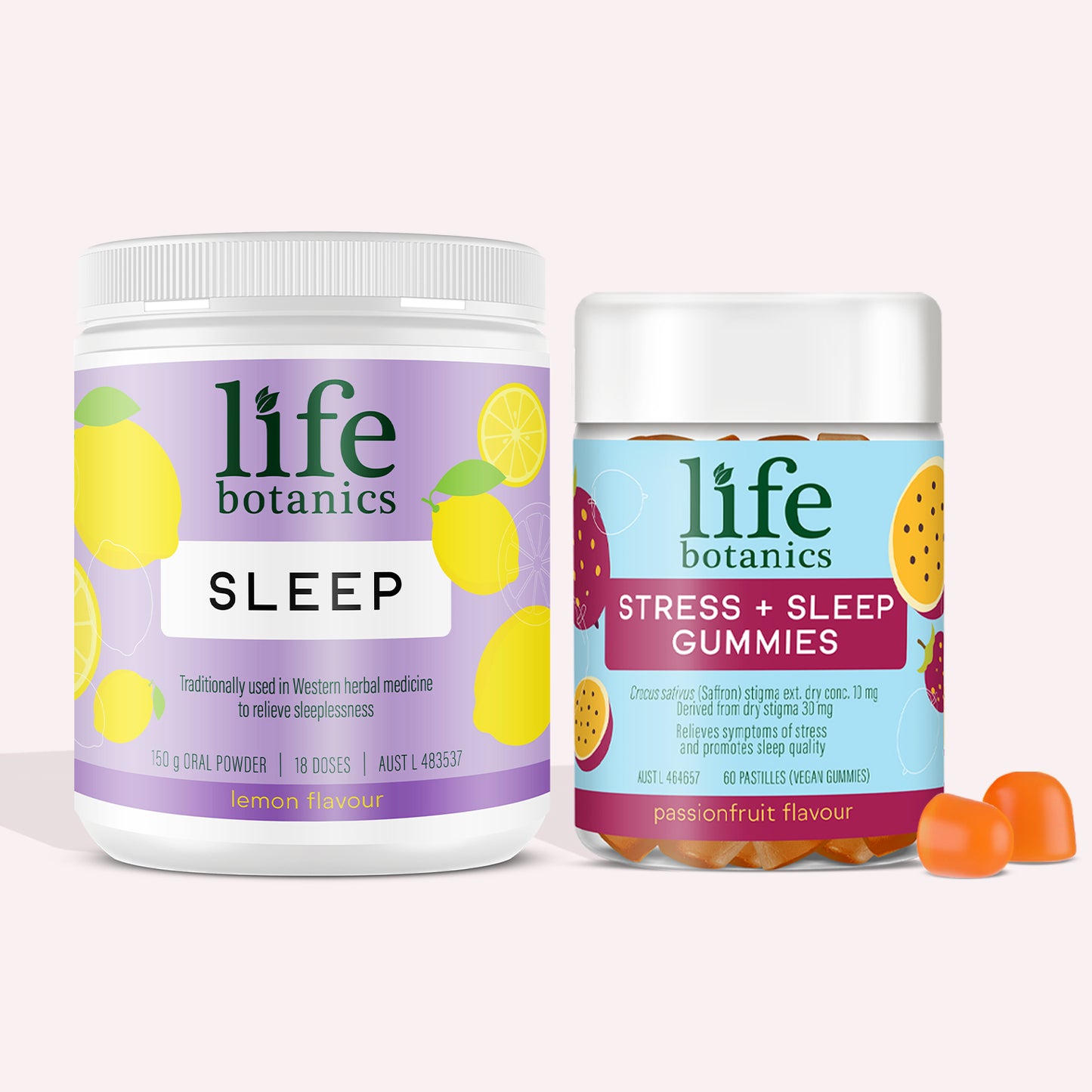 Life Botanics Good Sleep Kit — Stress + Sleep Gummies and Sleep Powder bundle on a cream background