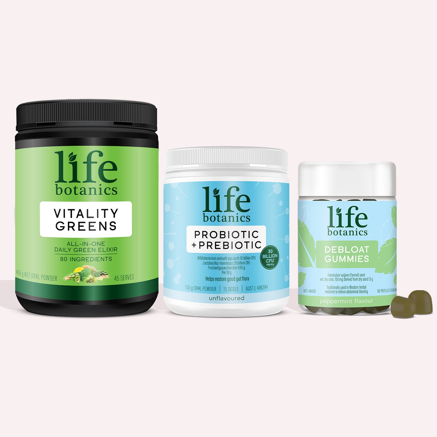 Life Botanics Gut Reset Kit — Vitality Greens, Probiotic + Prebiotic and Debloat Gummies bundle on a cream background
