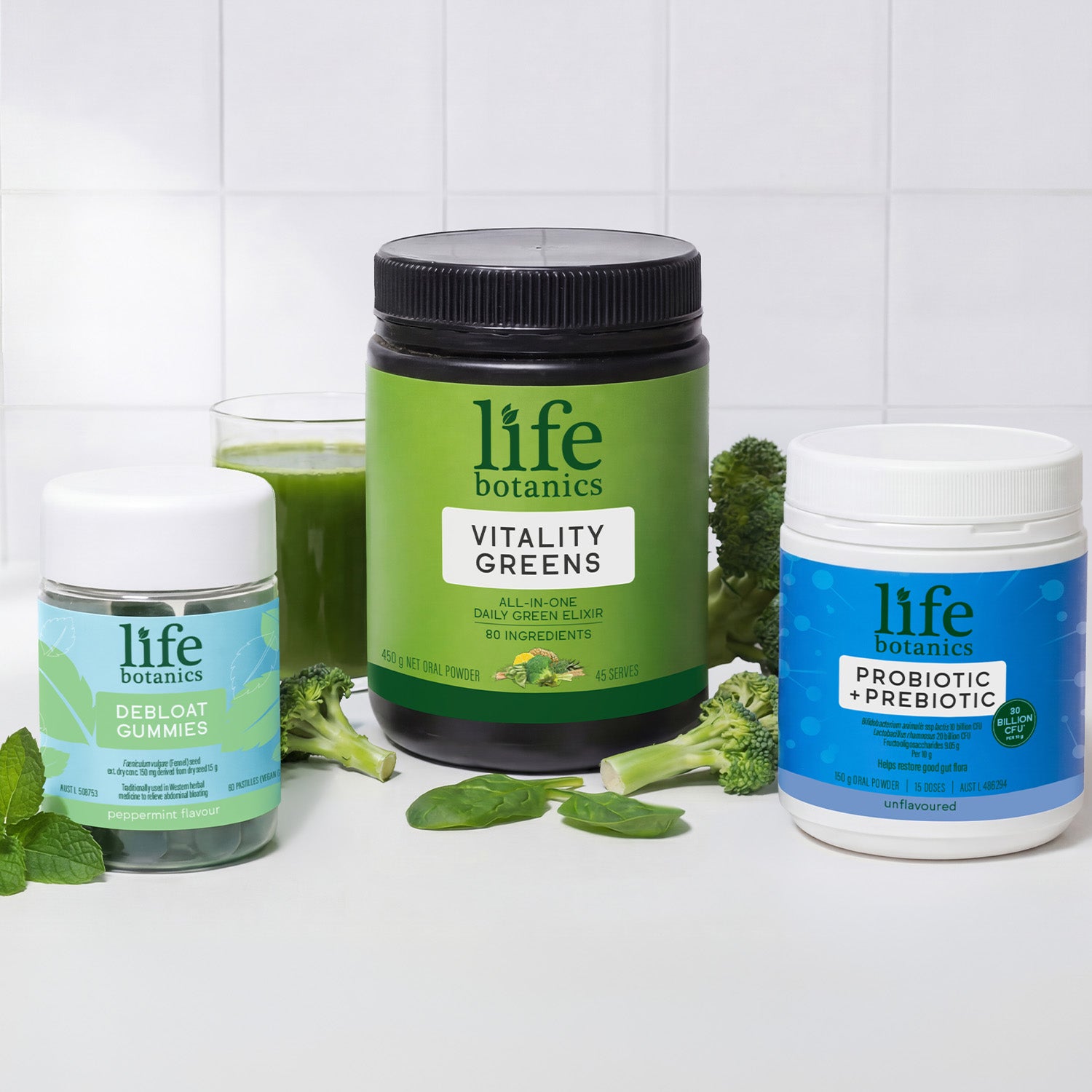 Life Botanics Gut Reset Kit — Vitality Greens, Probiotic + Prebiotic and Debloat Gummies bundle on a cream background
