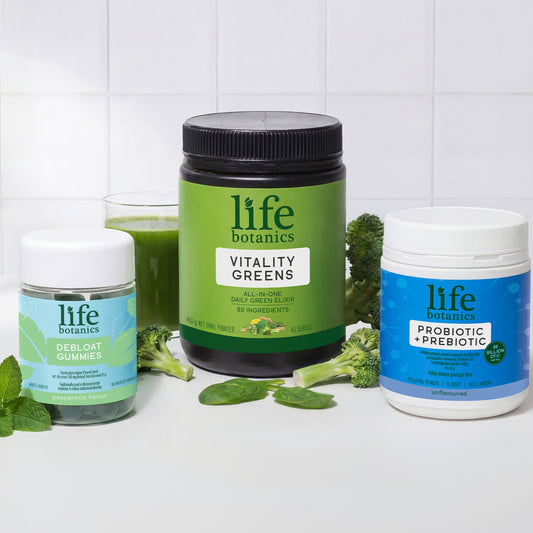 Life Botanics Gut Reset Kit — Vitality Greens, Probiotic + Prebiotic and Debloat Gummies bundle on a cream background