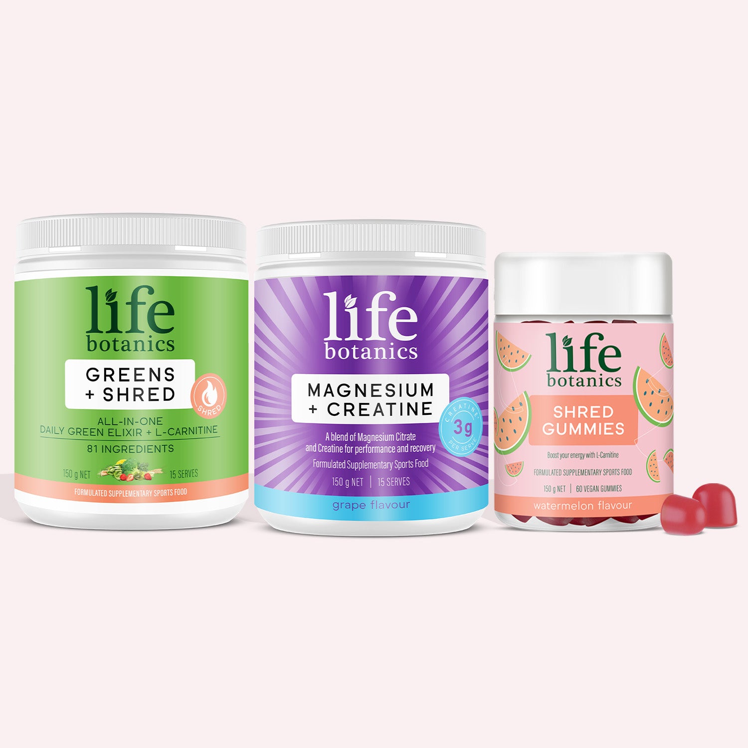Life Botanics Recovery + Performance Bundle — Shred Gummies, Greens + Shred and Magnesium + Creatine bundle on a cream background