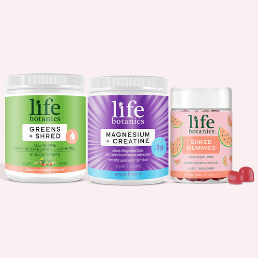 Life Botanics Recovery + Performance Bundle — Shred Gummies, Greens + Shred and Magnesium + Creatine bundle on a cream background