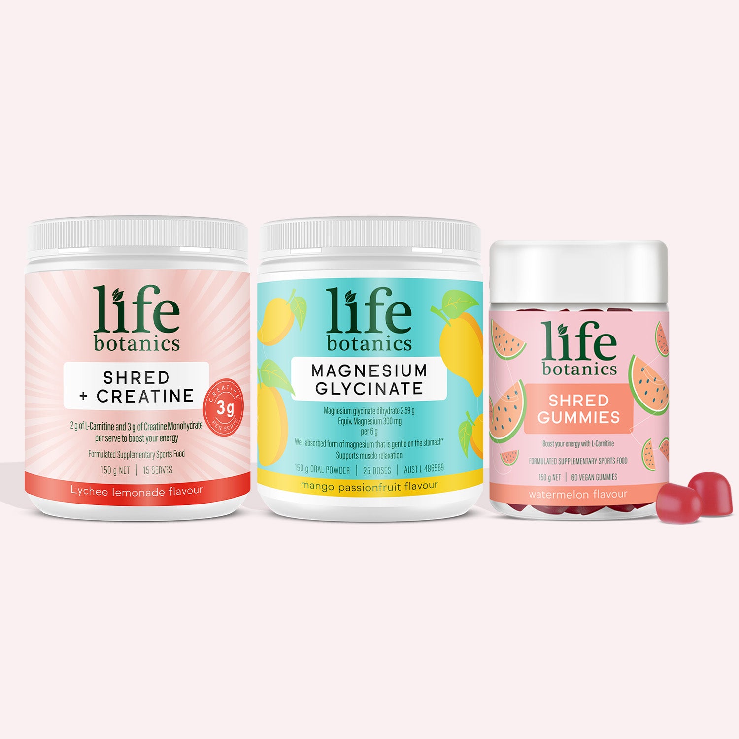 Life Botanics Shred + Performance Bundle — Shred Gummies, Shred + Creatine and Magnesium Glycinate bundle on a cream background