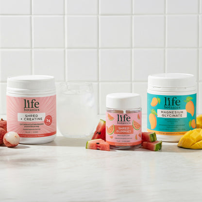 Life Botanics Shred + Performance Bundle — Shred Gummies, Shred + Creatine and Magnesium Glycinate bundle on a cream background