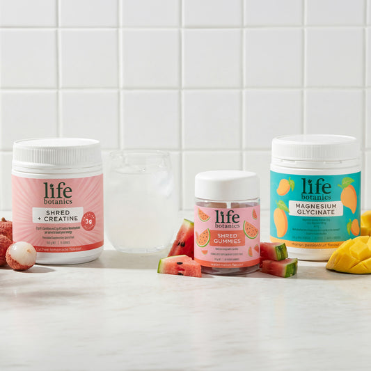 Life Botanics Shred + Performance Bundle — Shred Gummies, Shred + Creatine and Magnesium Glycinate bundle on a cream background