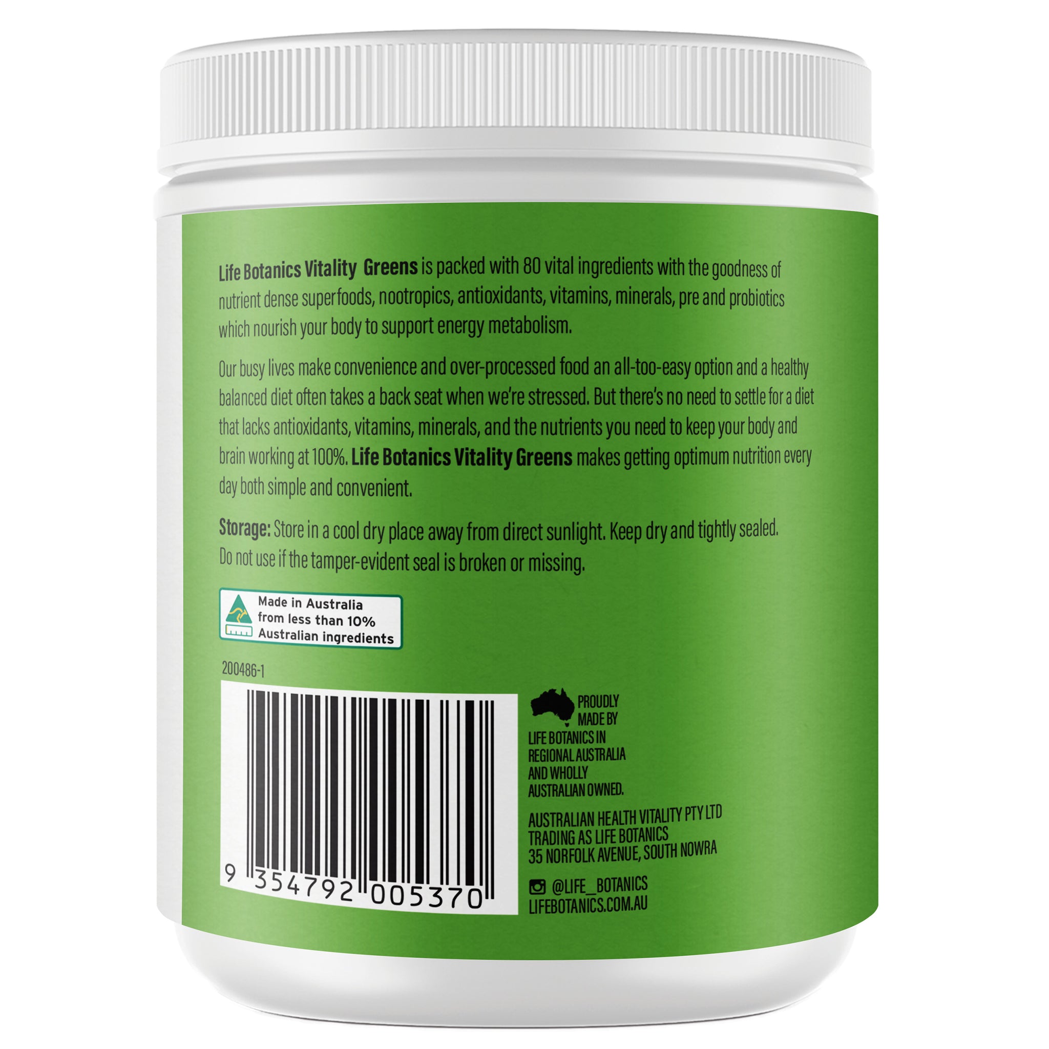 Back view of a Life Botanics Vitality Greens 300g pack, featuring the product and company details on the label.