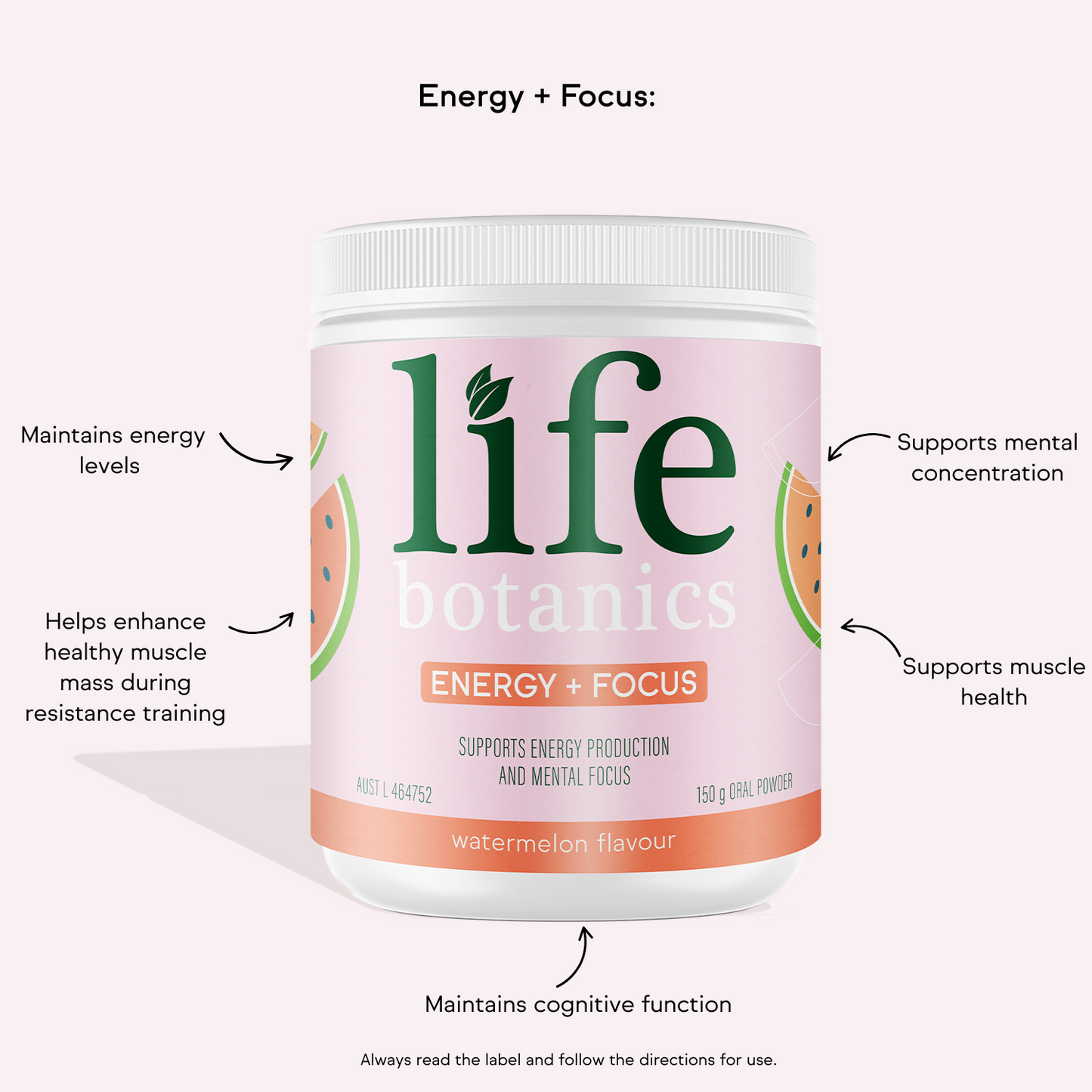 Life Botanics Energy + Focus Watermelon 150g — benefits and nutrition information graphic