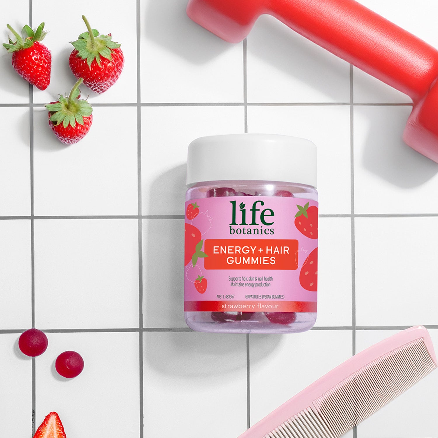 Life Botanics Energy + Hair Gummies 60s — lifestyle flat-lay photo