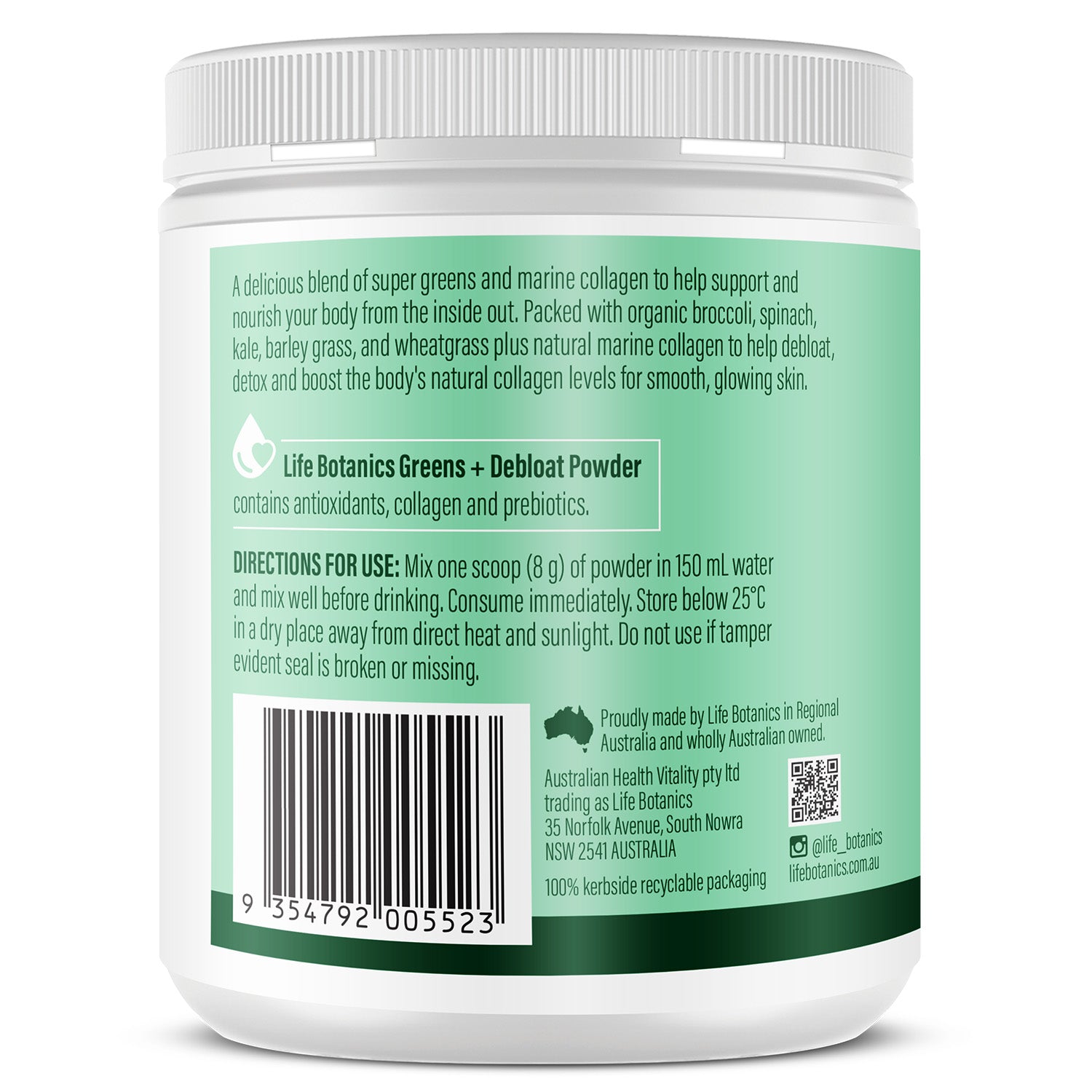 Life Botanics Greens + Debloat 150g — left side panel label