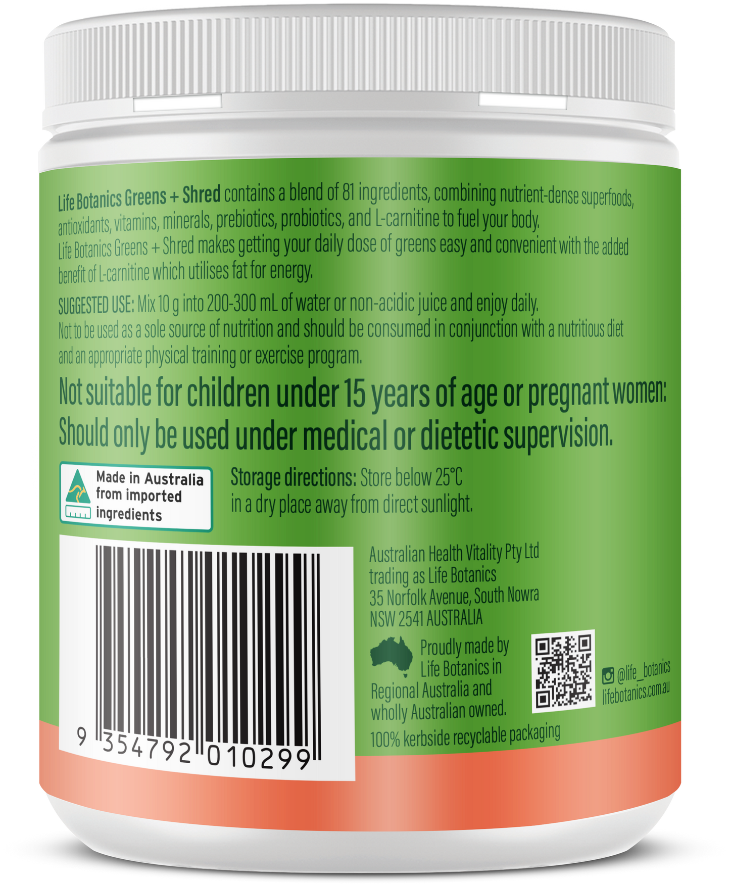 Life Botanics Greens + Shred 150g — left side panel label