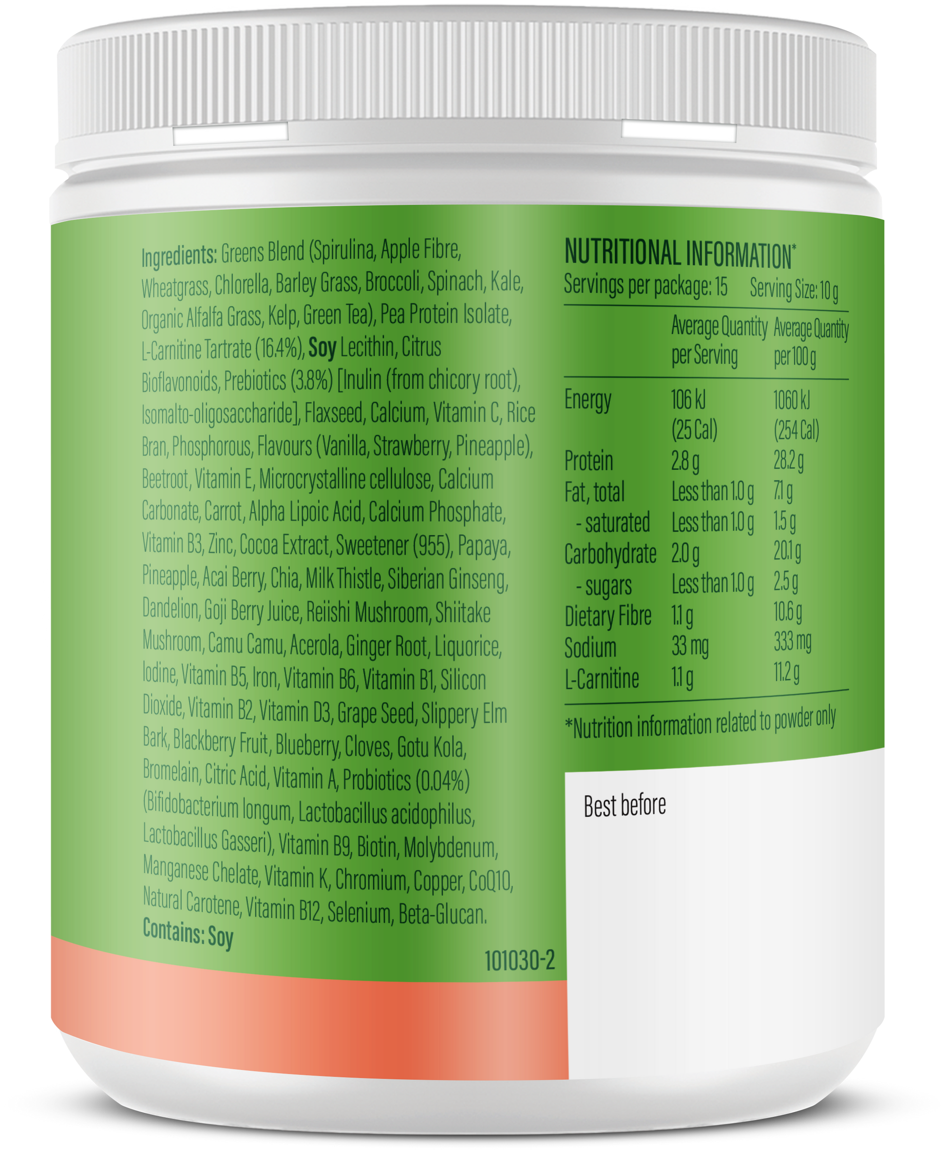 Life Botanics Greens + Shred 150g — right side panel / back label