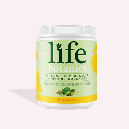 Life Botanics Greens, Superfoods + Marine Collagen Mango 150g — front of pack