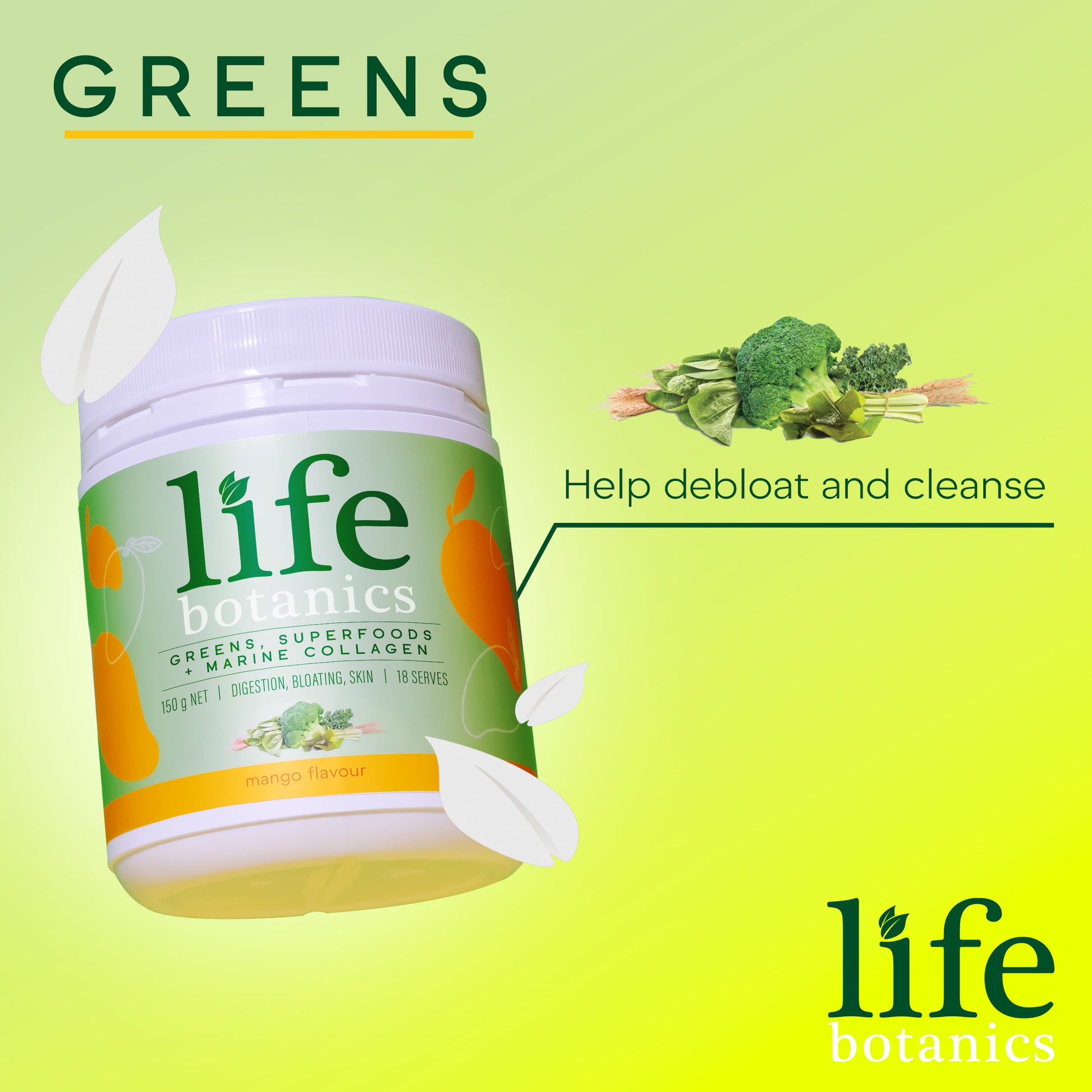Life Botanics Greens, Superfoods + Marine Collagen Mango 150g — ingredients list