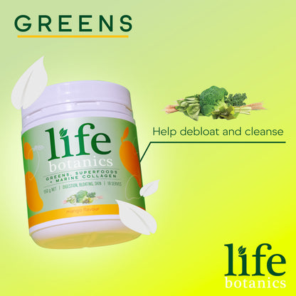 Life Botanics Greens, Superfoods + Marine Collagen Mango 150g — ingredients list