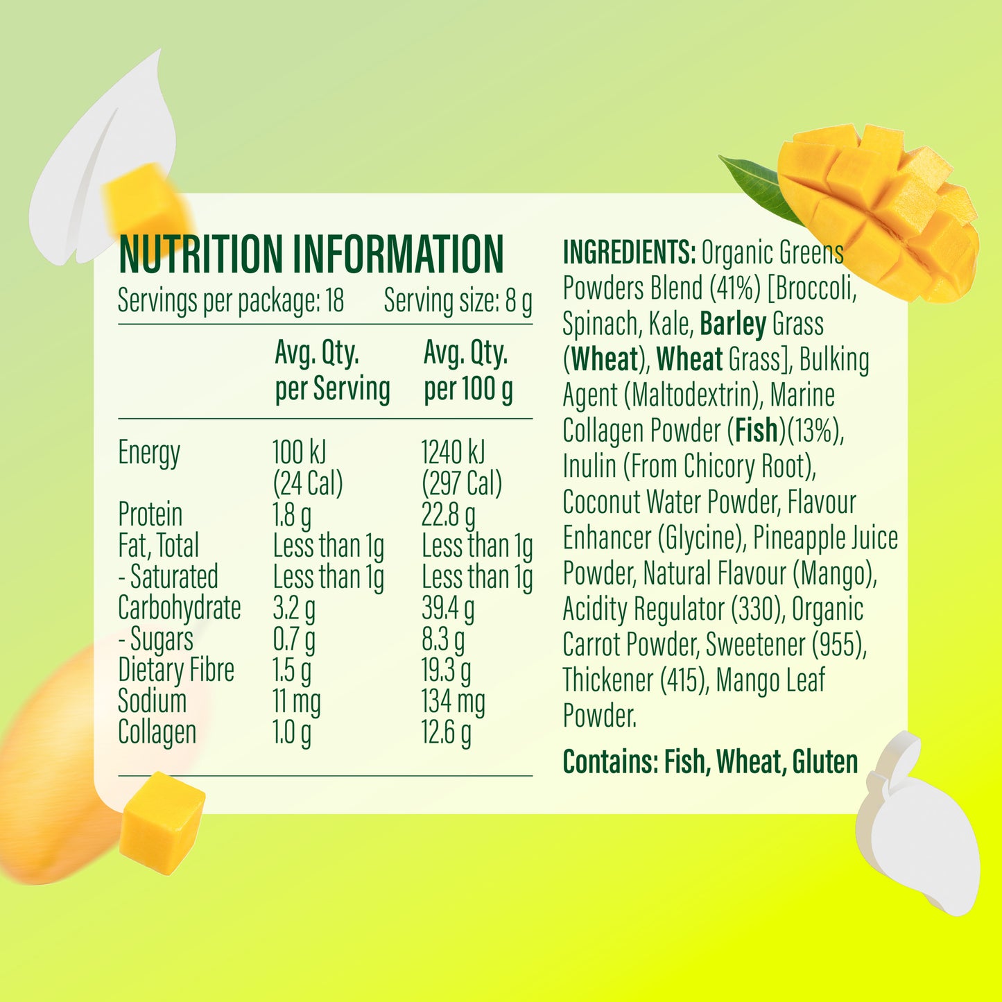 Life Botanics Greens, Superfoods + Marine Collagen Mango 150g — nutrition information panel