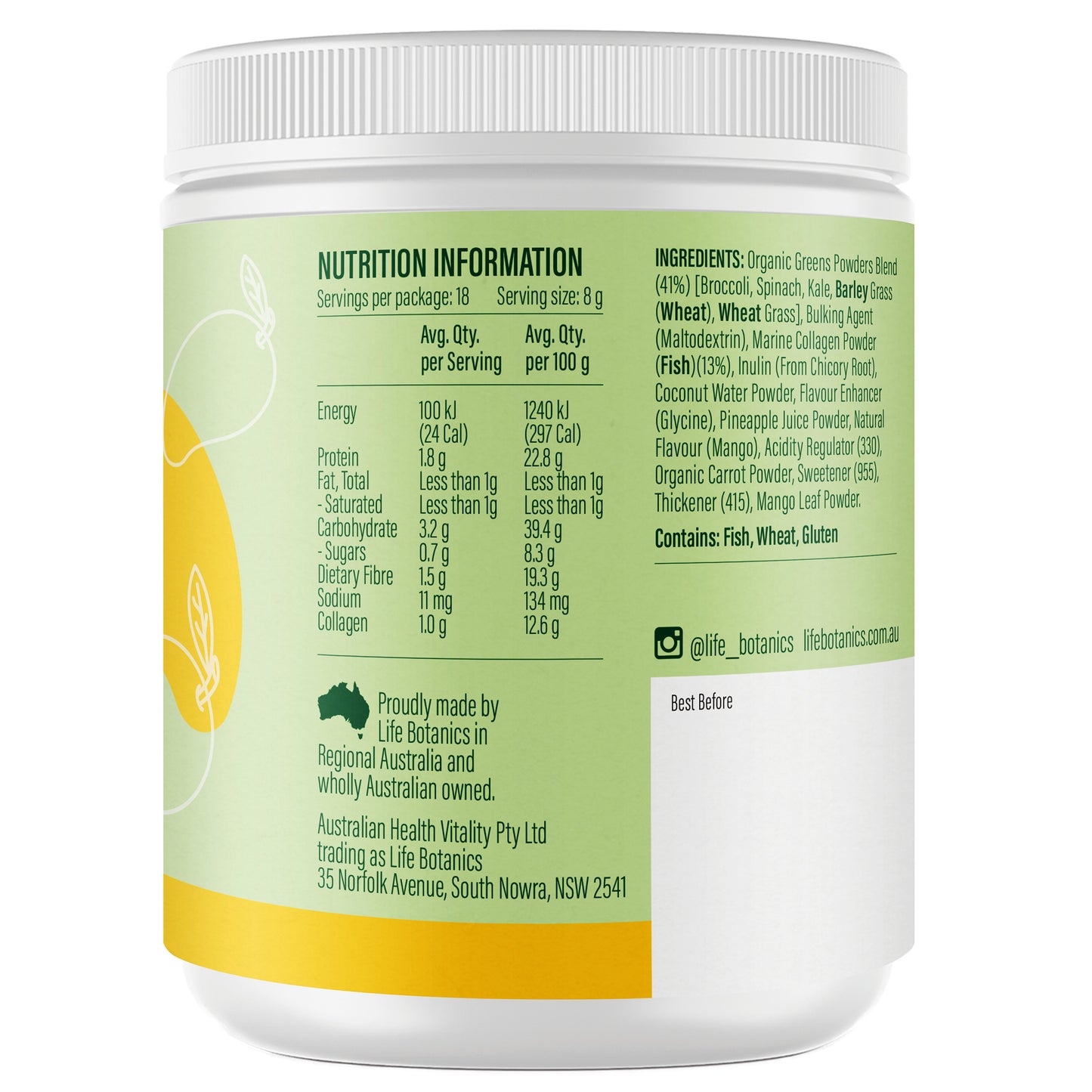 Life Botanics Greens, Superfoods + Marine Collagen Mango 150g — left side panel label