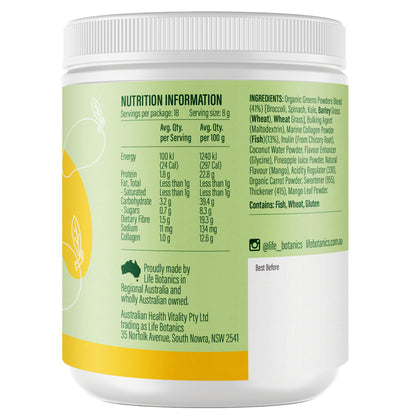 Life Botanics Greens, Superfoods + Marine Collagen Mango 150g — left side panel label
