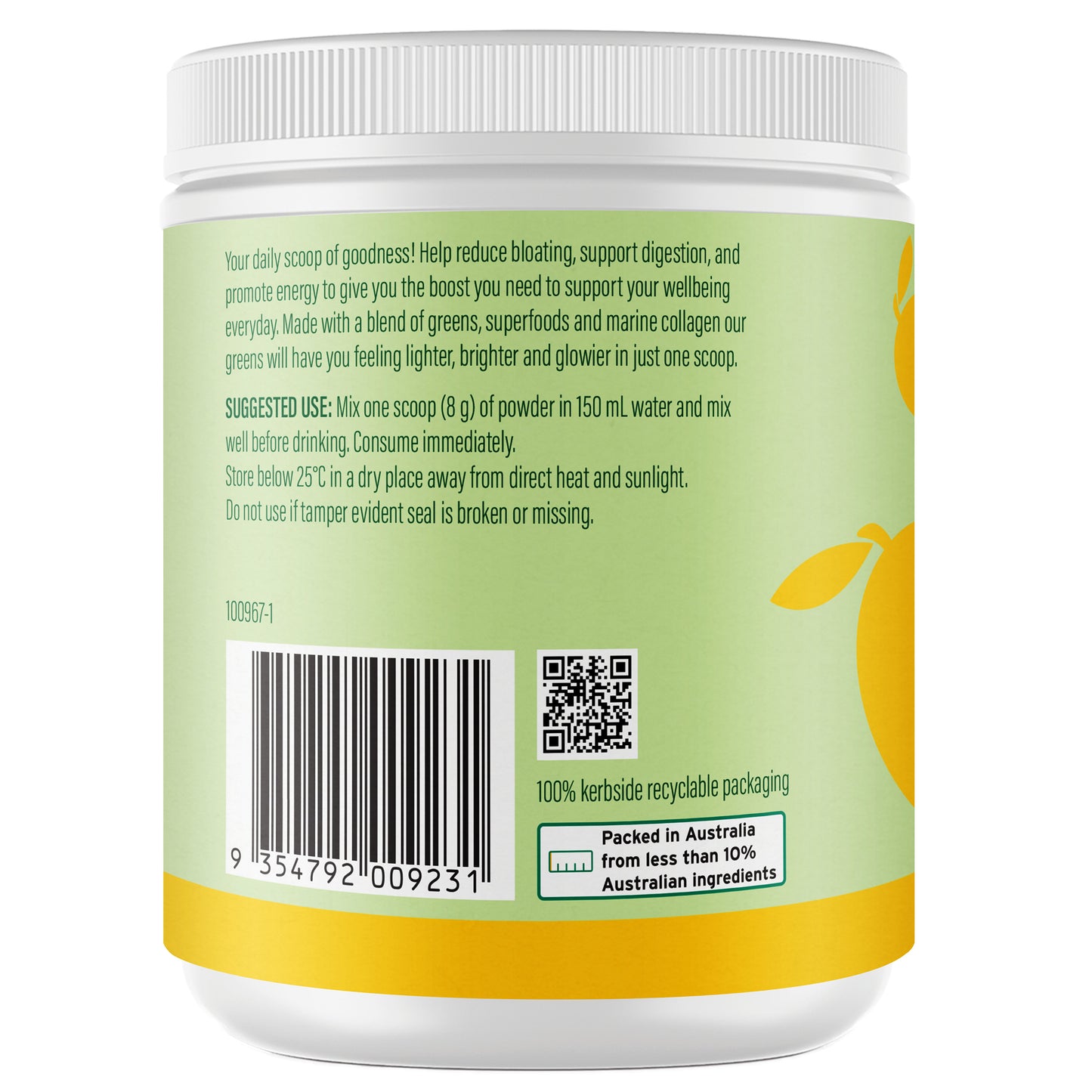Life Botanics Greens, Superfoods + Marine Collagen Mango 150g — right side panel / back label