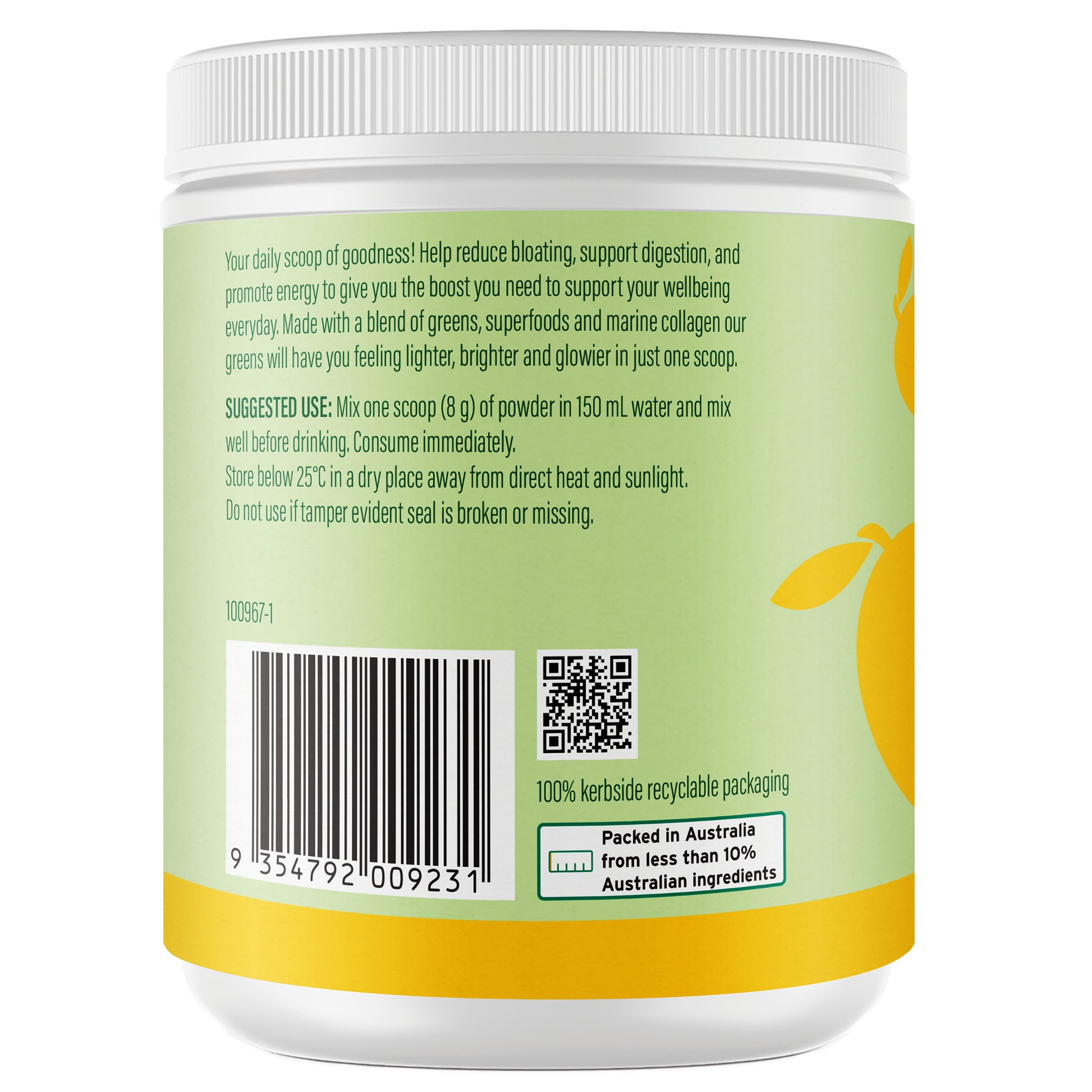 Life Botanics Greens, Superfoods + Marine Collagen Mango 150g — right side panel / back label