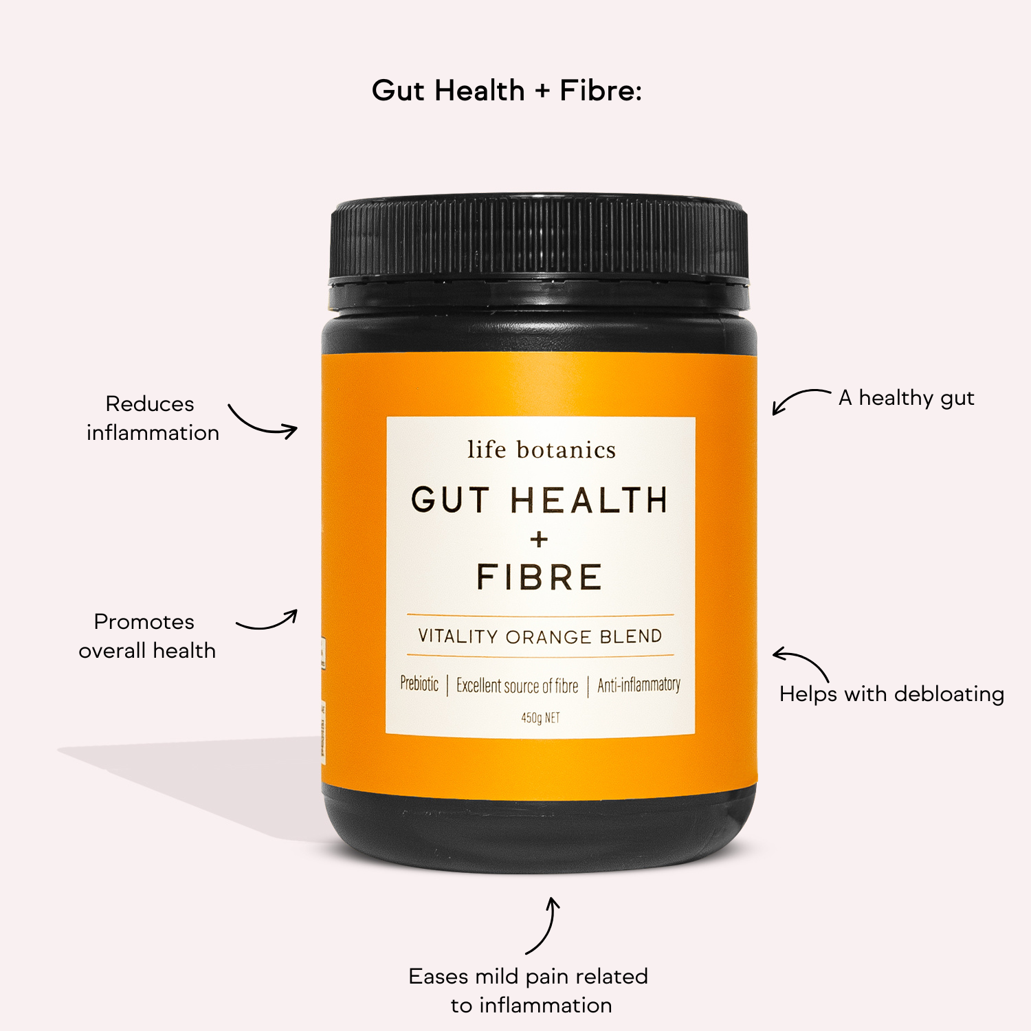 Life Botanics Gut Health + Fibre 450g — benefits and nutrition information graphic
