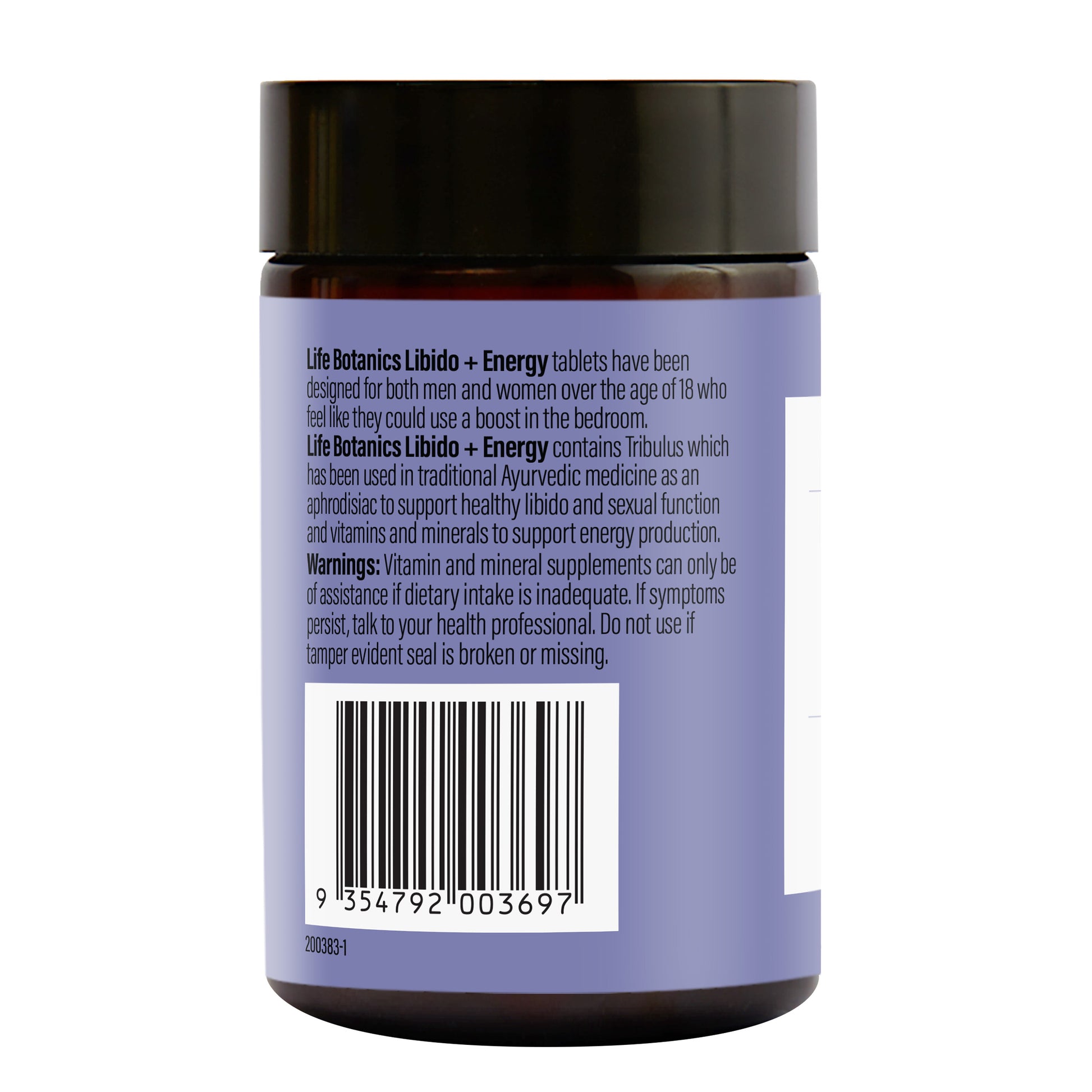 Life Botanics Libido + Energy Tablets — right side panel / back label