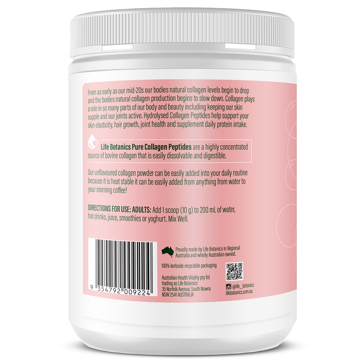 Life Botanics Pure Collagen Peptides 300g — left side panel label