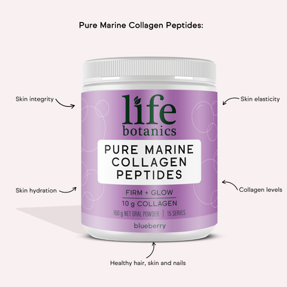 Life Botanics Pure Marine Collagen Blueberry 160g — benefits and nutrition information graphic