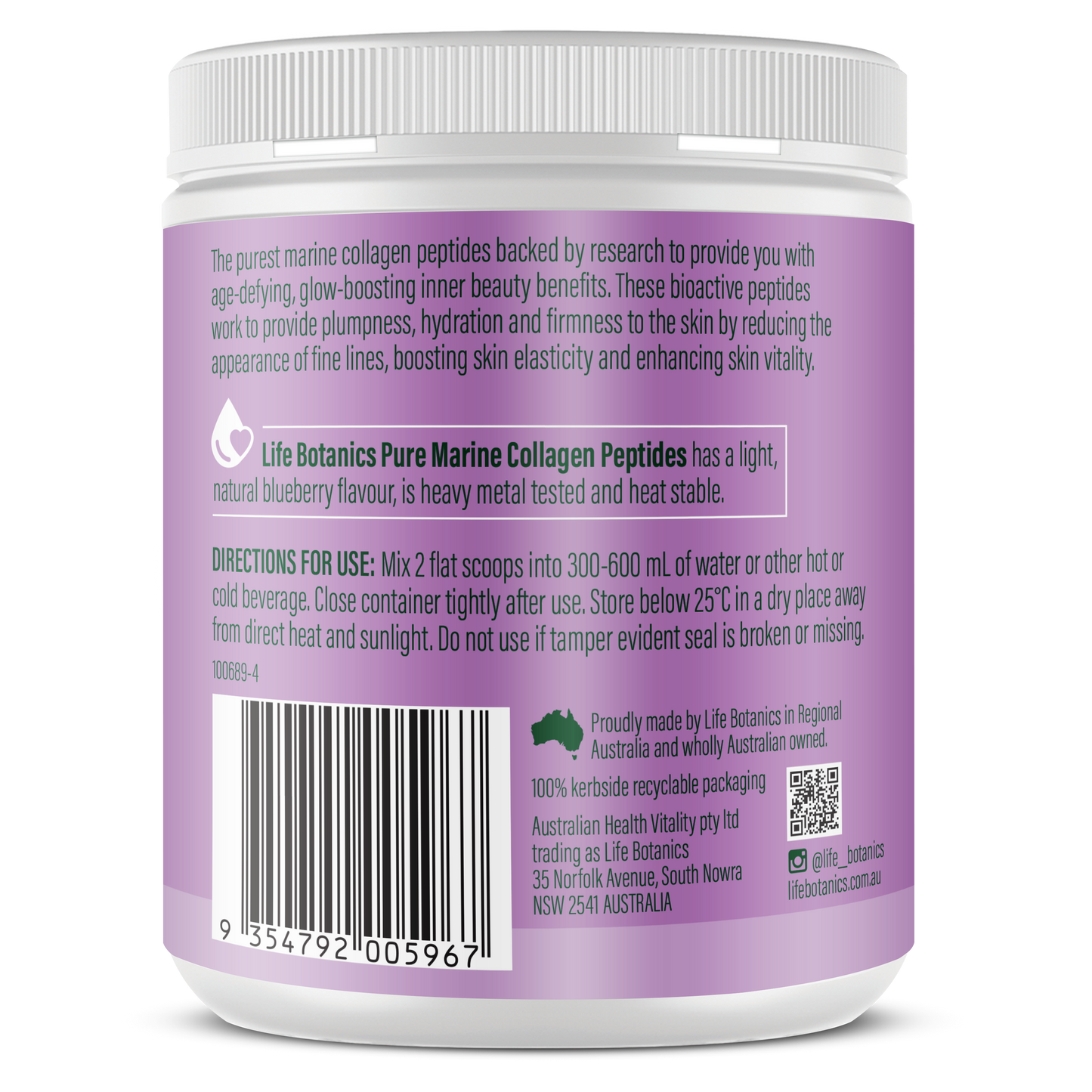 Life Botanics Pure Marine Collagen Blueberry 160g — left side panel label