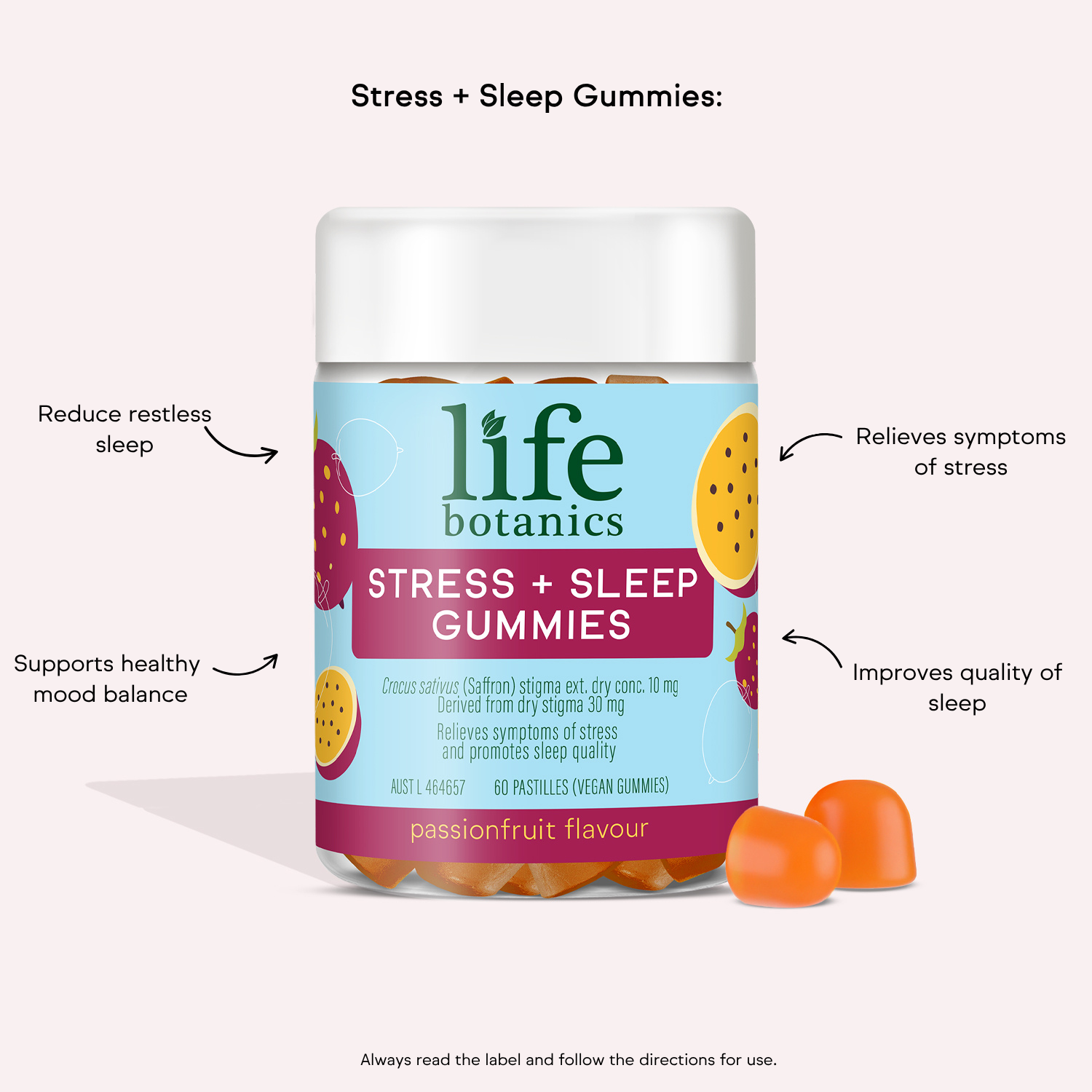 Life Botanics Stress + Sleep Gummies 60s — benefits and nutrition information graphic