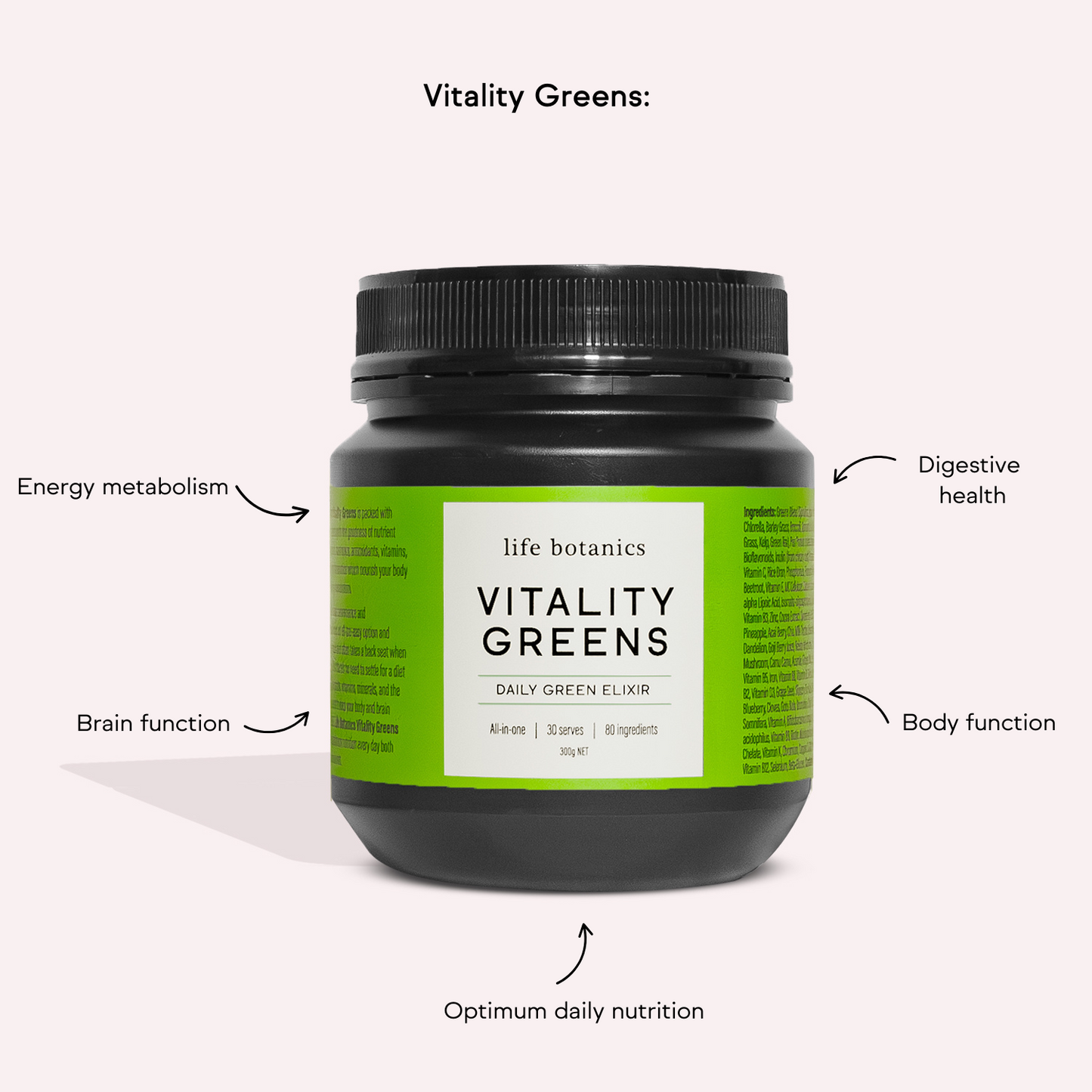 Life Botanics Vitality Greens 300g — benefits and nutrition information graphic