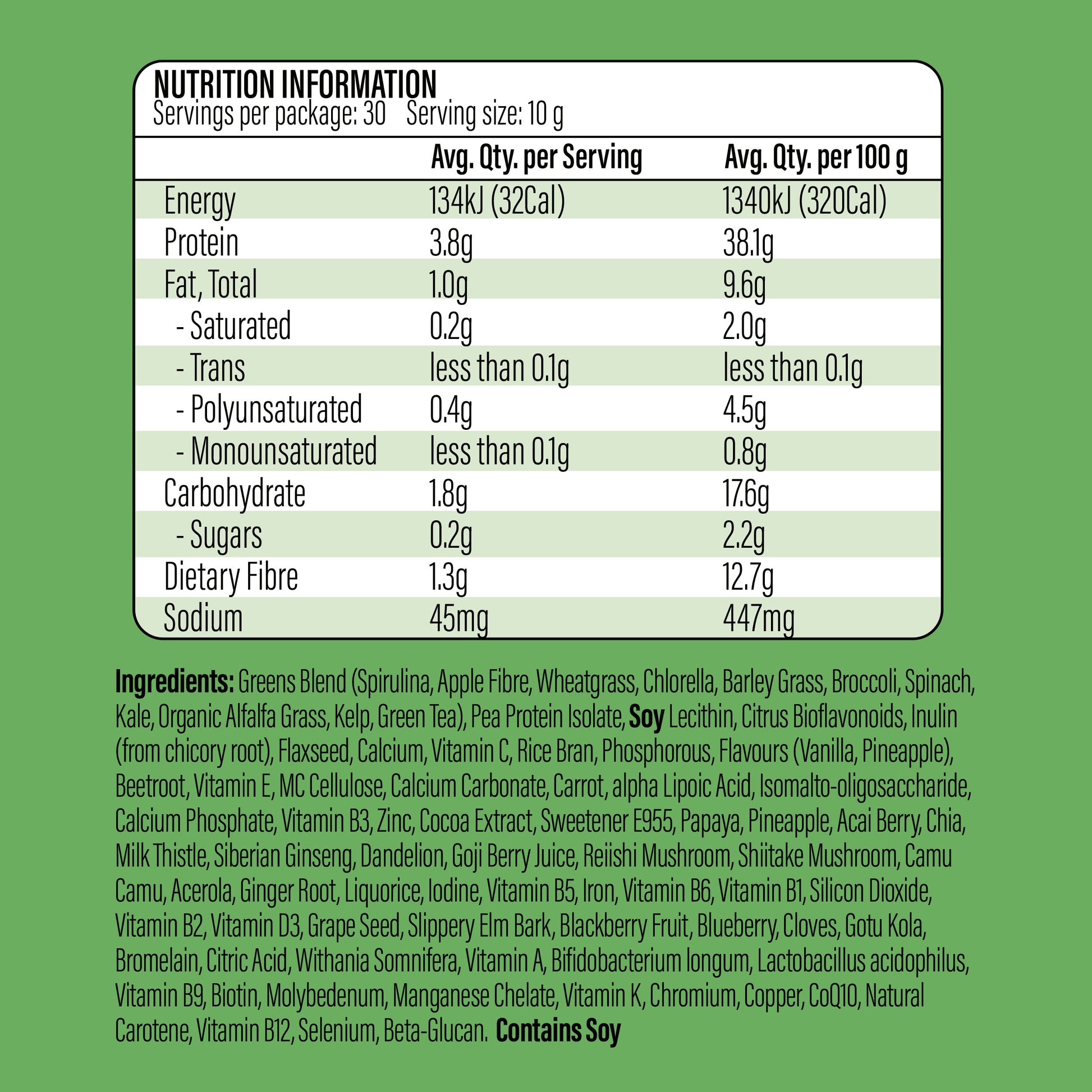 Life Botanics Vitality Greens 300g — nutrition information panel