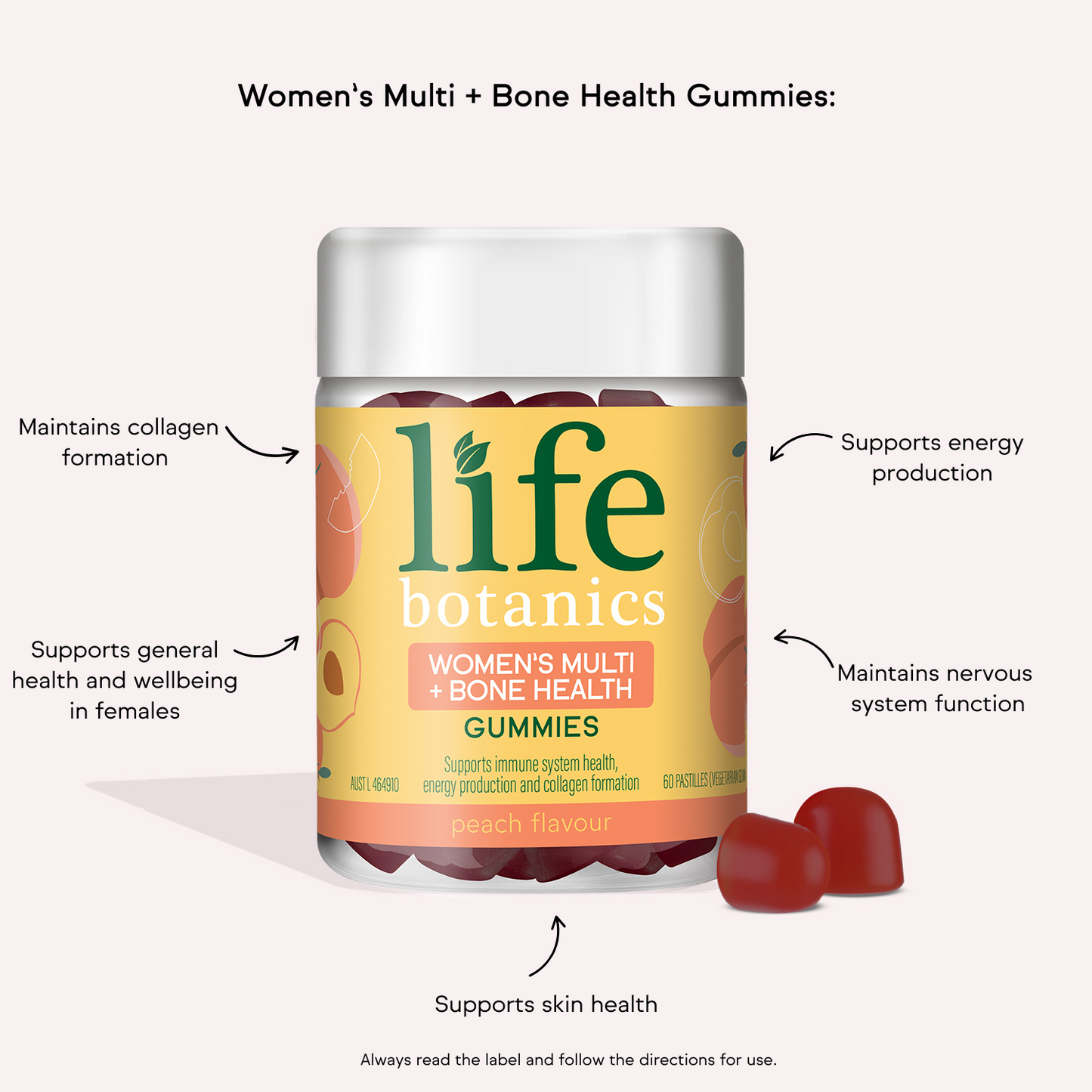 Life Botanics Women's Multi + Bone Health Gummies 60s — benefits and nutrition information graphic